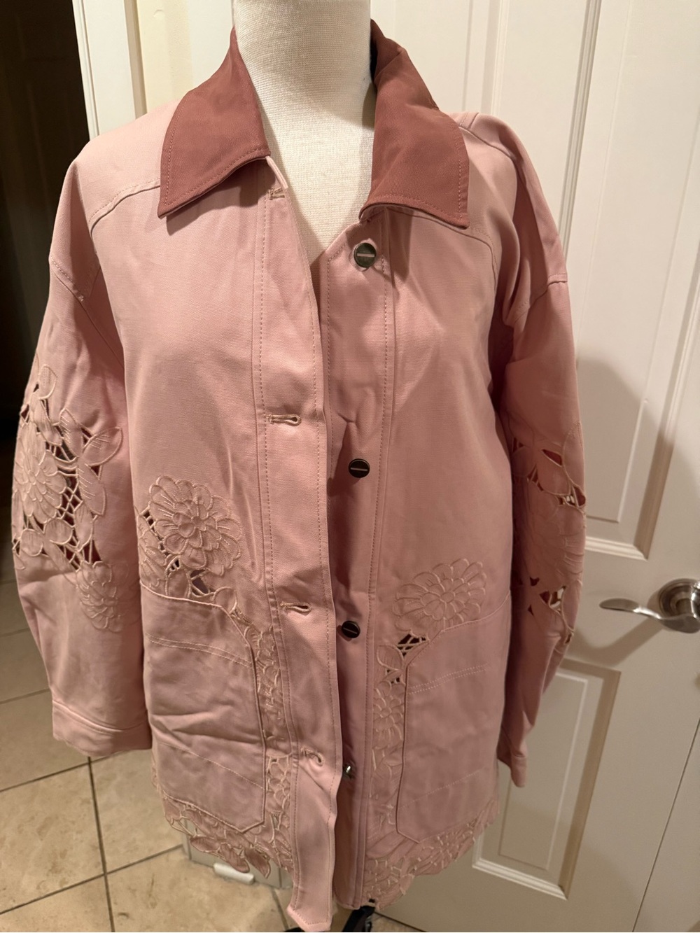 NWOT Anthropologie Natural Floral Cutwork Barn Sand Fall Jacket Large